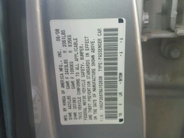 1HGCP26878A152608 - 2008 HONDA ACCORD EXL SILVER photo 10