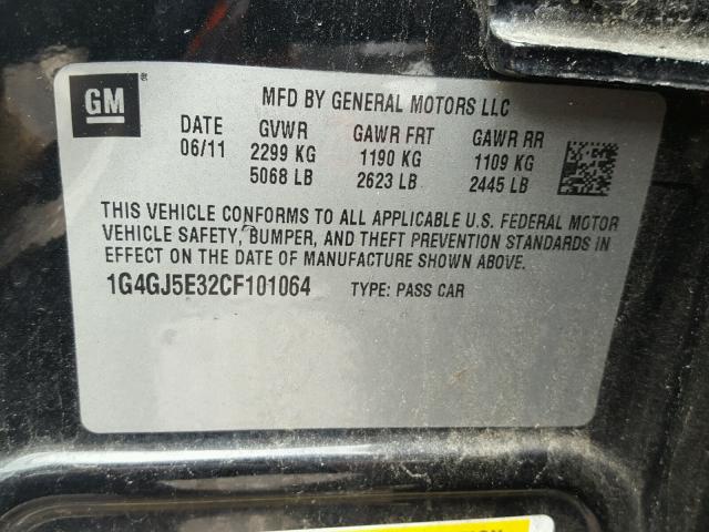 1G4GJ5E32CF101064 - 2012 BUICK LACROSSE T BLACK photo 10