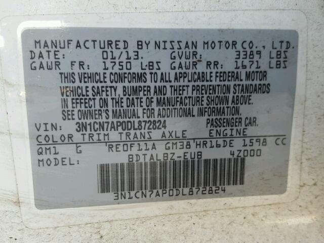 3N1CN7AP0DL872824 - 2013 NISSAN VERSA WHITE photo 10