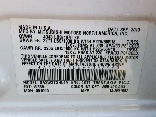 4A4AP4AU5EE008980 - 2014 MITSUBISHI OUTLANDER WHITE photo 10