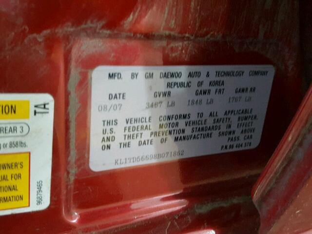 KL1TD56698B071862 - 2008 CHEVROLET AVEO BASE Марун фото 10