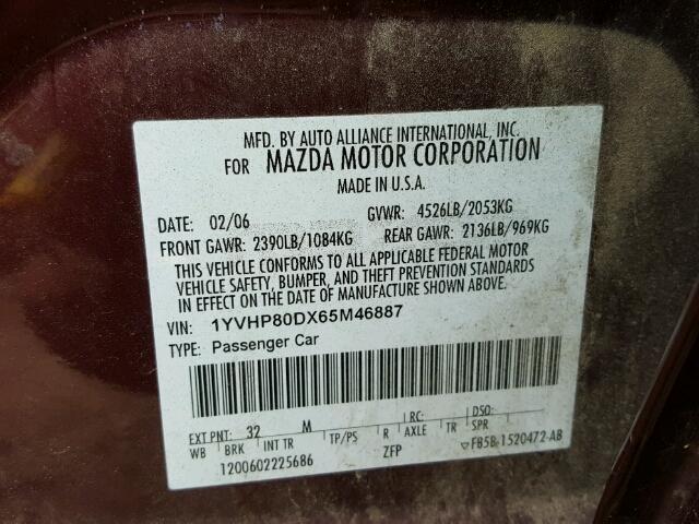 1YVHP80DX65M46887 - 2006 MAZDA 6 S MAROON photo 10