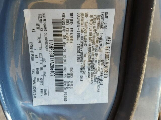 1FAHP53U17A206402 - 2007 FORD TAURUS BLUE photo 10