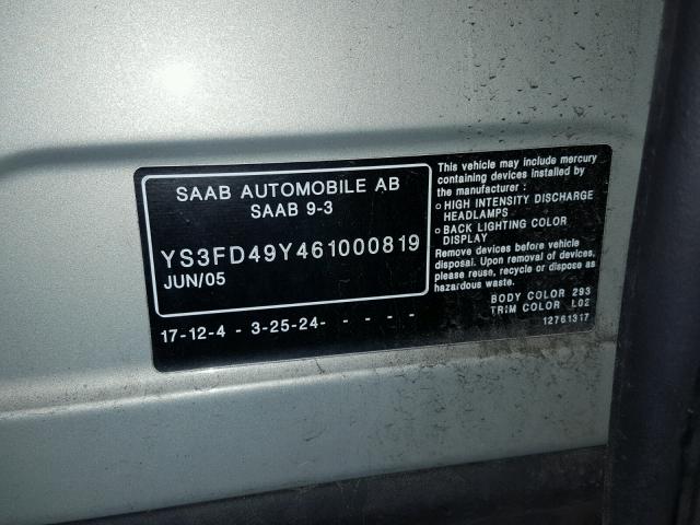 YS3FD49Y461000819 - 2006 SAAB 9-3 BASE SILVER photo 10