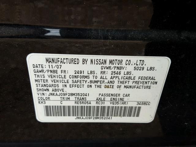 JNKAJ09F28M352041 - 2008 INFINITI EX35 BASE BLACK photo 10