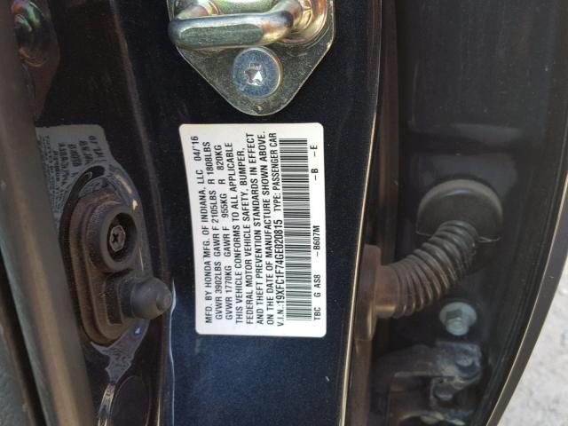 19XFC1F74GE020815 - 2016 HONDA CIVIC EXL 蓝色 照片 10