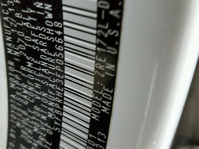 5YFBPRHE3EP056648 - 2014 TOYOTA COROLLA EC 白色 照片 10