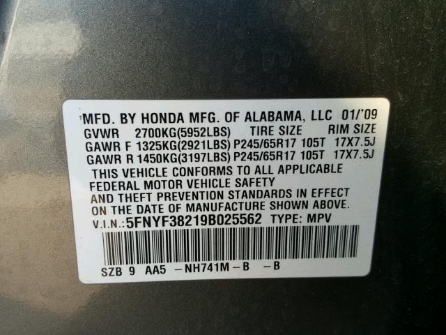 5FNYF38219B025562 - 2009 HONDA PILOT LX GRAY photo 10