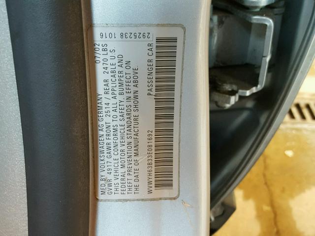 WVWYH63B33E081692 - 2003 VOLKSWAGEN PASSAT GLX 银色 照片 10