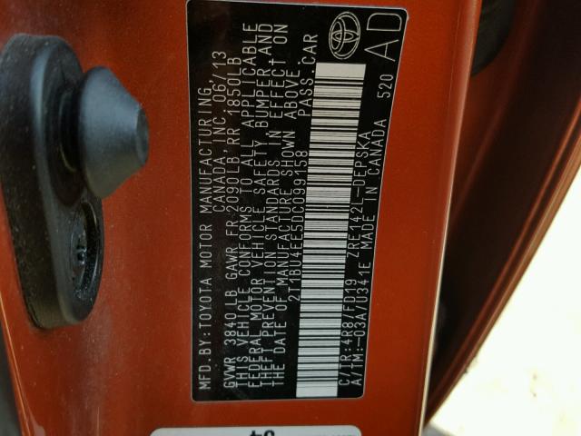 2T1BU4EE5DC099158 - 2013 TOYOTA COROLLA BA ORANGE photo 10