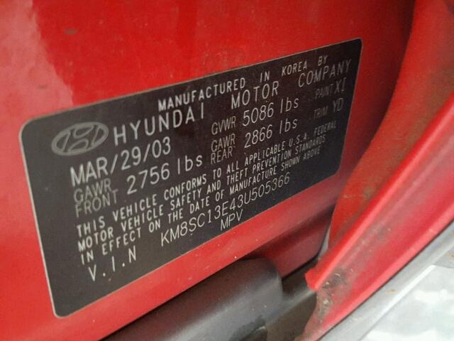 KM8SC13E43U505366 - 2003 HYUNDAI SANTA FE RED photo 10