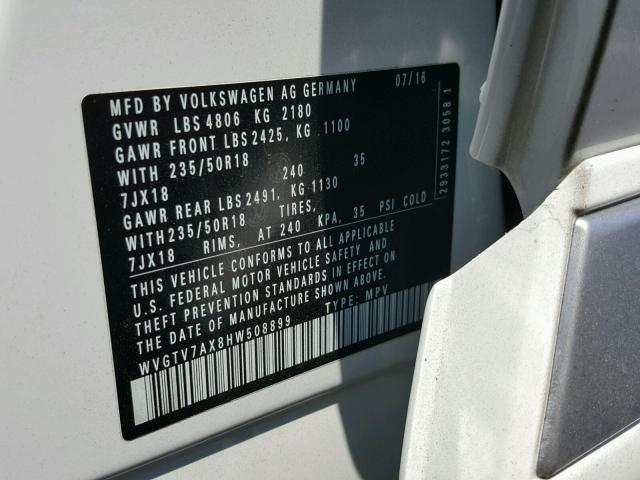 WVGTV7AX8HW508899 - 2017 VOLKSWAGEN TIGUAN SPO თეთრი ფოტო 10