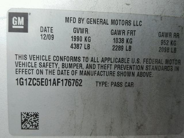 1G1ZC5E01AF176762 - 2010 CHEVROLET MALIBU 1LT ვერცხლისფერი ფოტო 10