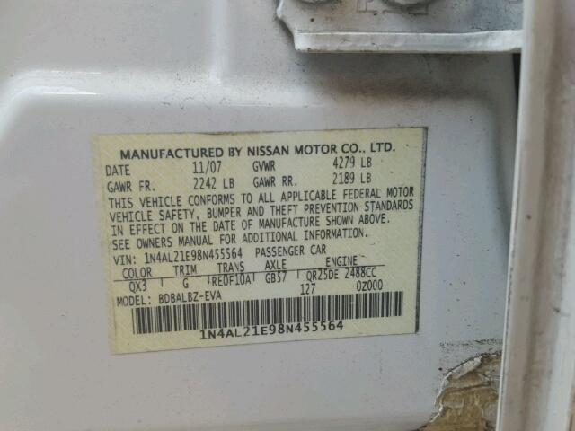 1N4AL21E98N455564 - 2008 NISSAN ALTIMA 2.5 WHITE photo 10