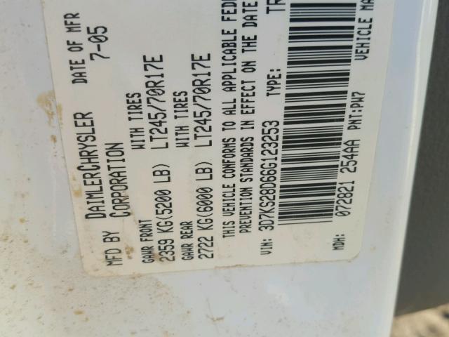 3D7KS28D66G123253 - 2006 DODGE RAM 2500 S თეთრი ფოტო 10