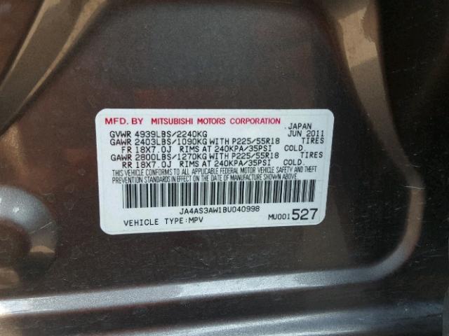 JA4AS3AW1BU040998 - 2011 MITSUBISHI OUTLANDER GRAY photo 10