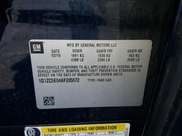 1G1ZC5E04AF205672 - 2010 CHEVROLET MALIBU 1LT 蓝色 照片 10