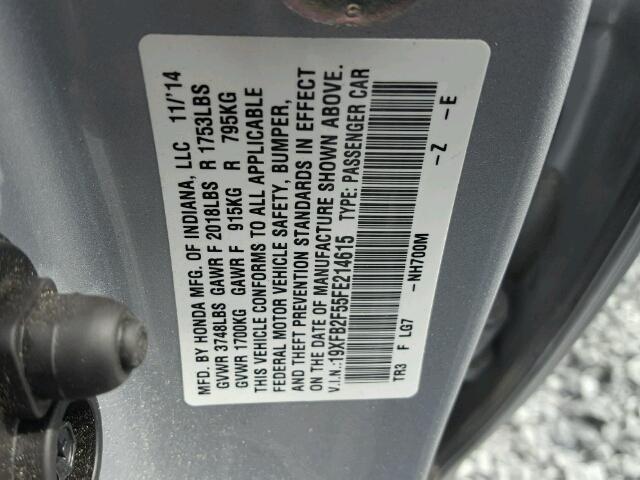 19XFB2F55FE214615 - 2015 HONDA CIVIC LX Plata foto 10