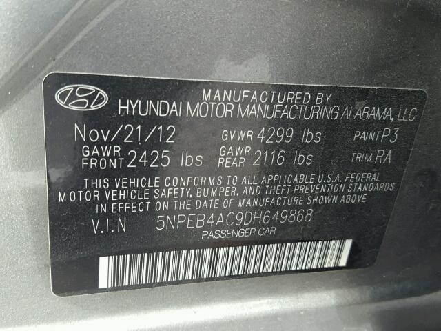 5NPEB4AC9DH649868 - 2013 HYUNDAI SONATA GLS GRAY photo 10