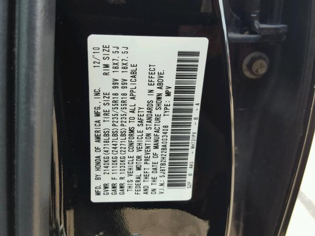 5J8TB2H22BA003408 - 2011 ACURA RDX BLACK photo 10