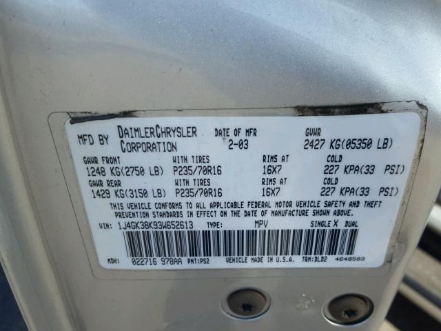 1J4GK38K93W652613 - 2003 JEEP LIBERTY RE SILVER photo 10