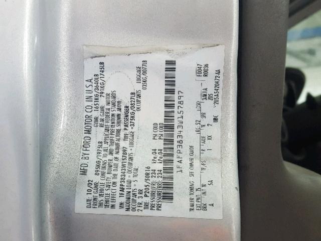 1FAFP38343W157897 - 2003 FORD FOCUS ZTS SILVER photo 10