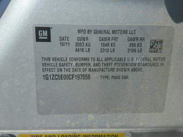 1G1ZC5E00CF197556 - 2012 CHEVROLET MALIBU 1LT 银色 照片 10