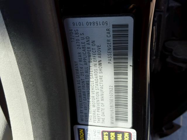 WVWYU63B75E107922 - 2005 VOLKSWAGEN PASSAT GLX BLACK photo 10