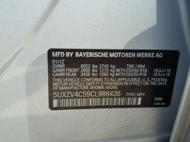 5UXZV4C59CL988436 - 2012 BMW X5 XDRIVE3 SILVER photo 10