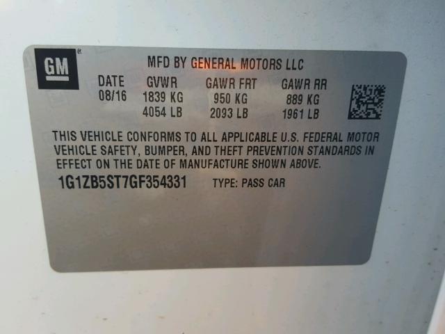 1G1ZB5ST7GF354331 - 2016 CHEVROLET MALIBU LS 白色 照片 10