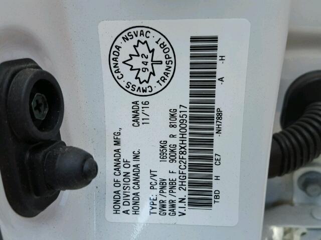 2HGFC2F8XHH009517 - 2017 HONDA CIVIC EX 白色 照片 10