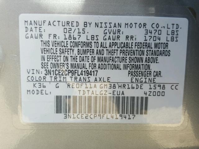 3N1CE2CP9FL419417 - 2015 NISSAN VERSA NOTE GRAY photo 10