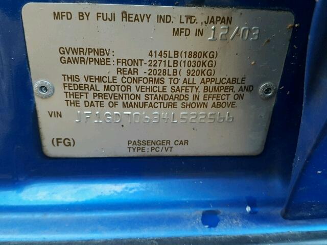 JF1GD70634L522566 - 2004 SUBARU IMPREZA WR BLUE photo 10