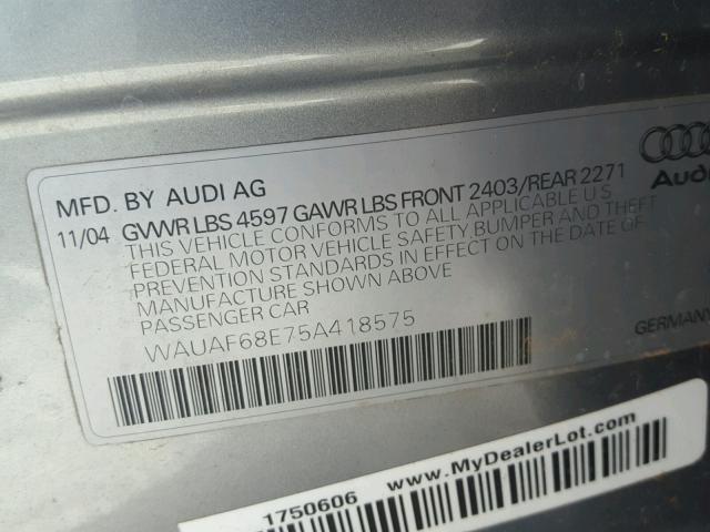 WAUAF68E75A418575 - 2005 AUDI A4 2.0T SILVER photo 10