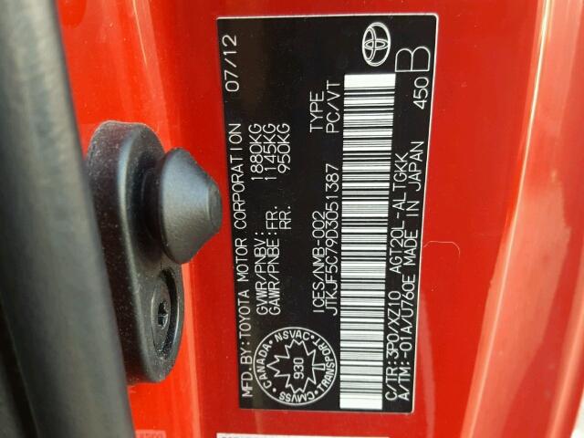 JTKJF5C79D3051387 - 2013 TOYOTA SCION TC 红色 照片 10