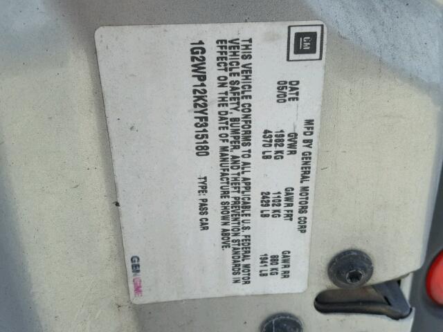 1G2WP12K2YF315180 - 2000 PONTIAC GRAND PRIX GRAY photo 10