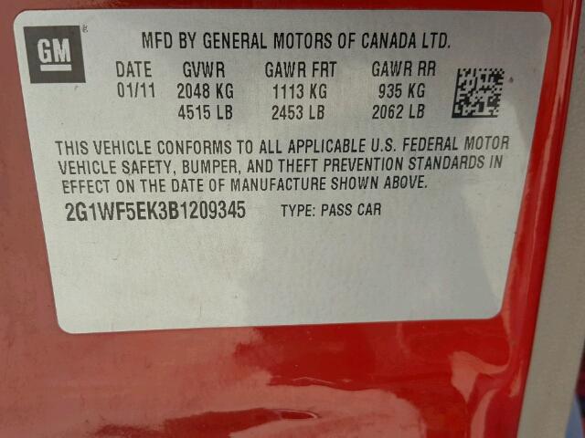 2G1WF5EK3B1209345 - 2011 CHEVROLET IMPALA RED photo 10