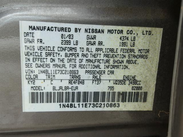 1N4BL11E73C210863 - 2003 NISSAN ALTIMA SE BEIGE photo 10