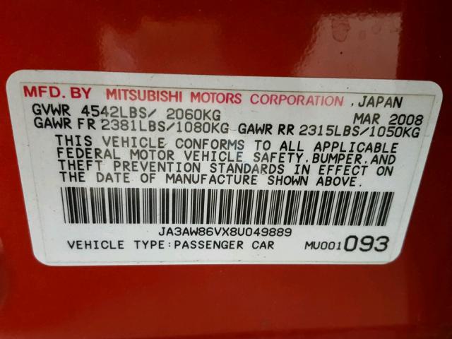 JA3AW86VX8U049889 - 2008 MITSUBISHI LANCER EVO RED photo 10