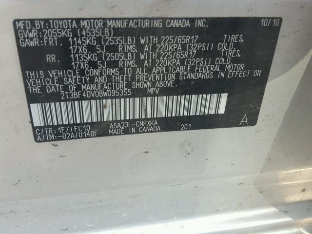 2T3BF4DV0BW095355 - 2011 TOYOTA RAV4 银色 照片 10