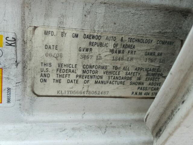 KL1TD56647B052487 - 2007 CHEVROLET AVEO BASE Սպիտակ լուսանկար 10