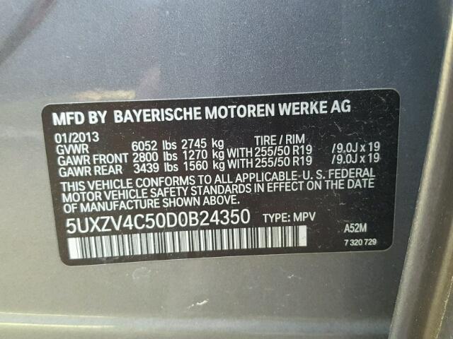 5UXZV4C50D0B24350 - 2013 BMW X5 GRAY photo 10