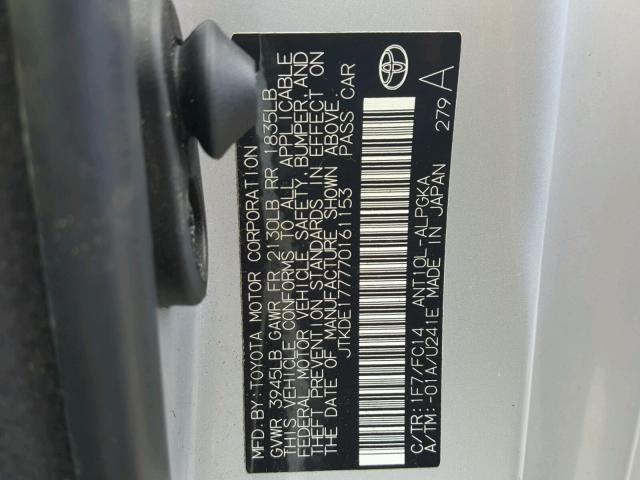 JTKDE177770161153 - 2007 TOYOTA SCION TC 银色 照片 10