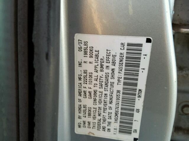 1HGCM56747A190538 - 2007 HONDA ACCORD EX SILVER photo 10