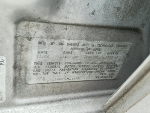 KL1TD56637B121699 - 2007 CHEVROLET AVEO BASE Күміс фото 10