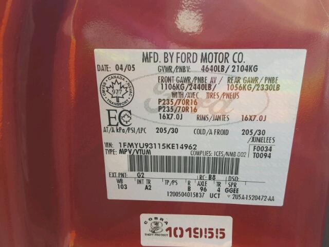 1FMYU93115KE14962 - 2005 FORD ESCAPE XLT RED photo 10