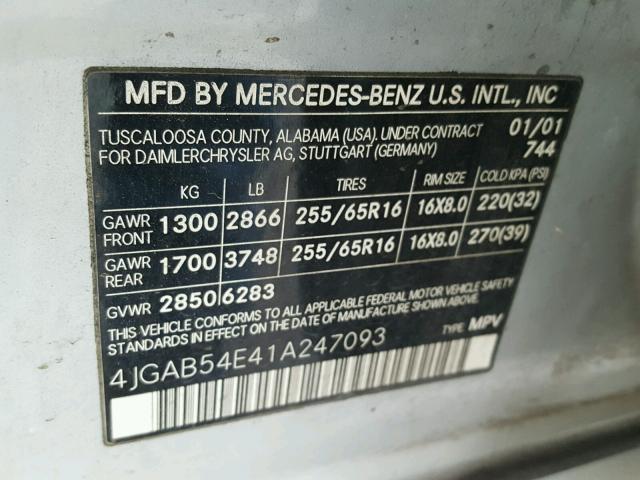 4JGAB54E41A247093 - 2001 MERCEDES-BENZ ML 320 SILVER photo 10