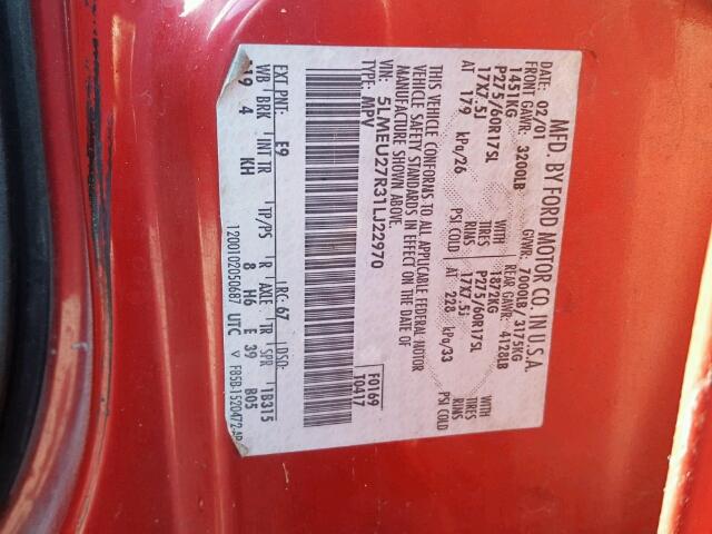 5LMEU27R31LJ22970 - 2001 LINCOLN NAVIGATOR 红色 照片 10