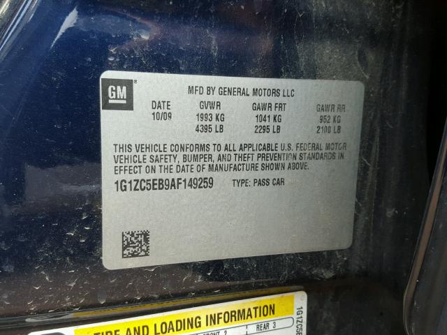 1G1ZC5EB9AF149259 - 2010 CHEVROLET MALIBU 1LT 蓝色 照片 10