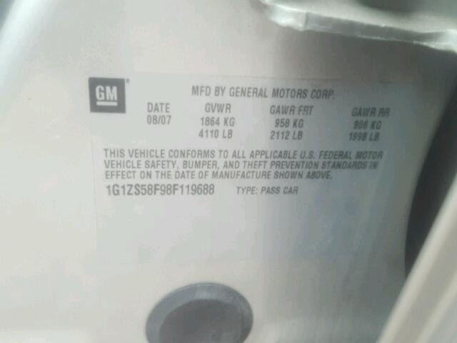1G1ZS58F98F119688 - 2008 CHEVROLET MALIBU LS 银色 照片 10